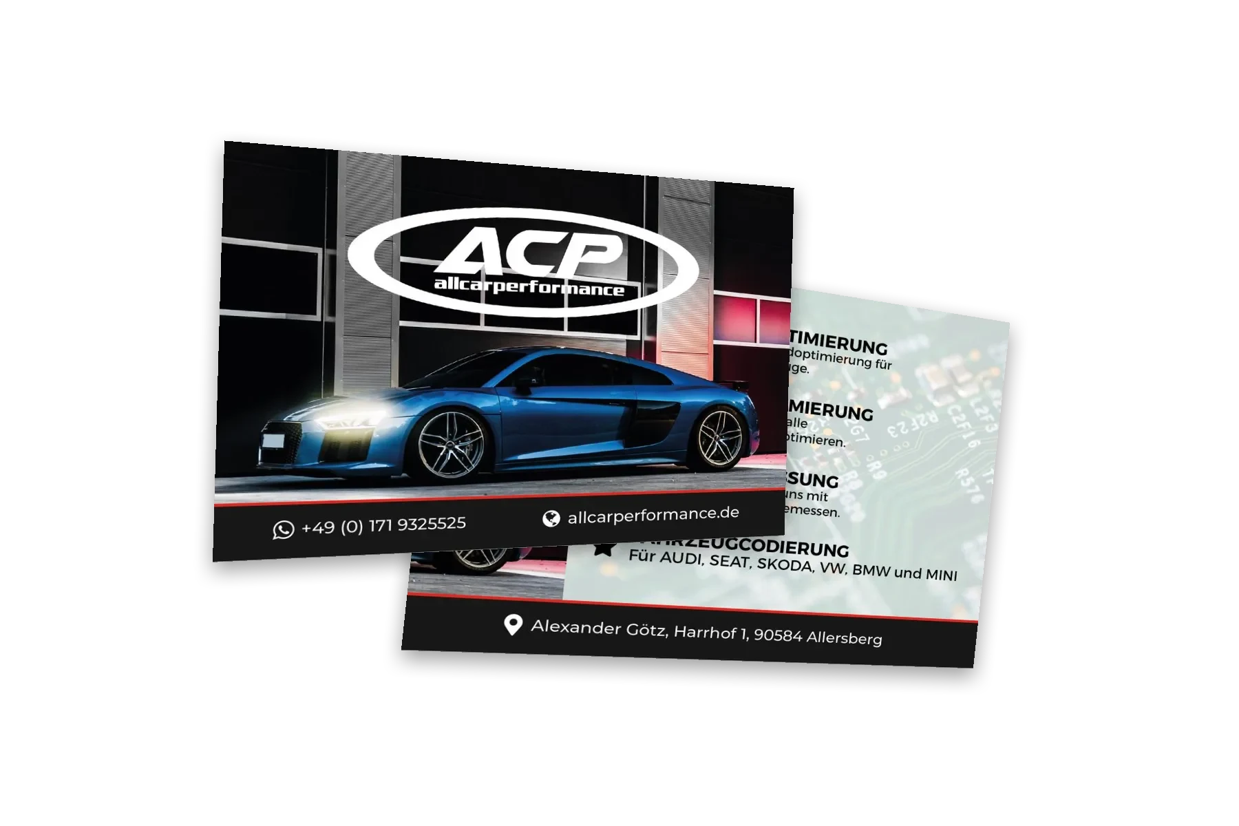 Flyer von Allcarperformance, Vorder- und Rückseite