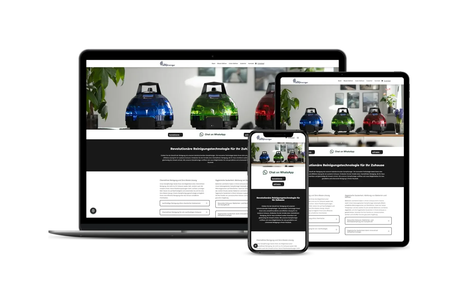 Website und Shop von Mein Dampfreiniger mit Dampfreinigern in Blau, Grün und Rot