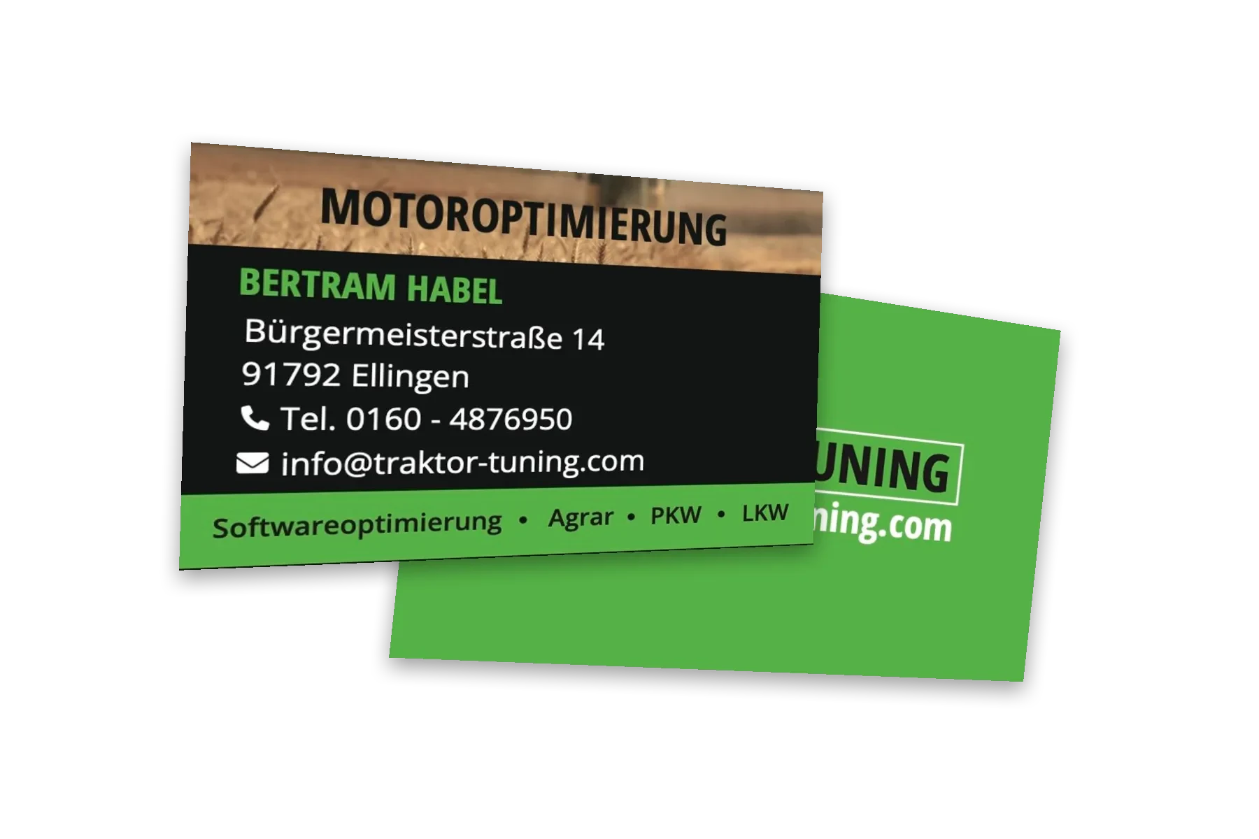 Visitenkarte von Traktor Tuning, Vorder- und Rückseite